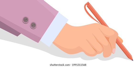 Hand holds orange pen and writes some text on white background. Hand of person in purple suit with buttons and shirt. Man signs documents at business meeting, makes note in notebook, handwriting