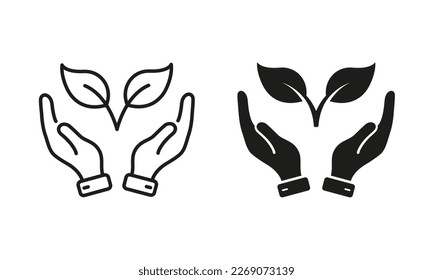 Hand Holds Organic Leaf Line and Silhouette Icon Set. Germinating Eco-Agriculture Pictogram. Cultivation Greenery Ecology Plant Symbol Collection on White Background. Isolated Vector Illustration.