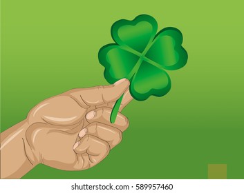 Hand holds ornate clover tree-leaf. Celebration concept St. Patrick's Day. Greeting card. Vector illustration on a green background. Free space for your text and labels