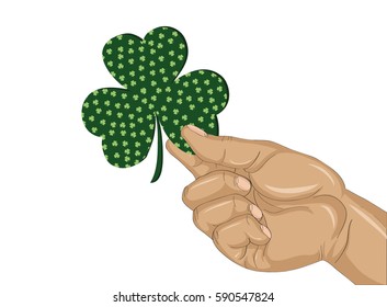 Hand holds ornate clover tree-leaf. Celebration concept St. Patrick's Day. Greeting card. Vector illustration on a white background. Free space for your text and labels