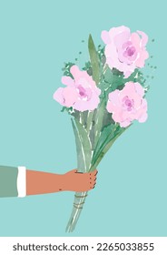 Hand holds out a bouquet of flowers. Watercolor pink roses on turquoise background. Man gives flowers. Women's day card