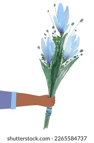 Hand holds out a bouquet of flowers. Watercolor blue lilies on white background. Man gives flowers. Women's day card