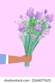 Hand holds out a bouquet of flowers. Watercolor purple wildflowers on pink background. Man gives flowers. Women's day card