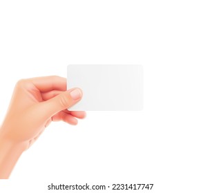 Hand holds out a business card. Vector illustration isolated on a white background. Can be used to present your product. EPS10.