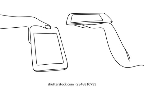 A hand holds out an e-book. E-book in hand. Read an Ebook Day. One line drawing for different uses. Vector illustration.