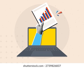 A hand holds out a paper report with a graph from a laptop screen. Modern collage style. Vector illustration