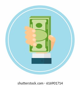 Hand holds pack of green dollars of paper notes. Icons payment and banking services. Flat vector cartoon illustration. Objects isolated on a white background.