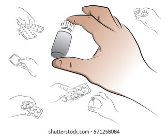 Hand holds package of pills. Vector drawing on the theme medicine.