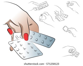 Hand holds package of pills. Vector drawing on the theme medicine.