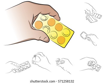 Hand holds package of pills. Vector drawing on the theme medicine.