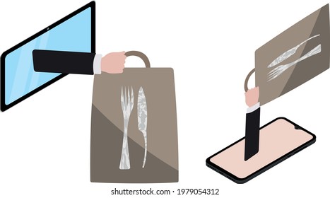 hand holds package of restaurant icons tablet and smartphone delivery and technology concept