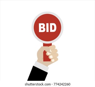 Hand holds paddle with BID inscriptions. Auction competition. Business bidding process. Buying things by offering price, trade. Vector illustration. Flat style design