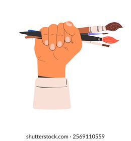 The hand holds a paint brush. Art supplies for painting. The artist's accessories. Isolated on a white background. Flat vector illustration.