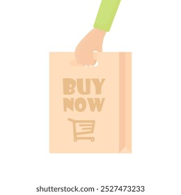 A hand holds a paper bag with the inscription "buy now" in cartoon style on a white isolated background. An invitation to buy a product. Eco-friendly shopping bag.