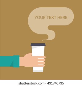 Hand holds a paper cup of hot drink. Coffee take away concept. Template for your text. Isolated vector illustration flat design.