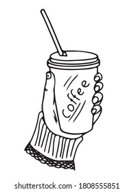 The hand holds a paper cup with straws and aromatic coffee.  The word "coffee" is written on the glass.  The illustration is drawn in outline style in doodle style.  Vector.