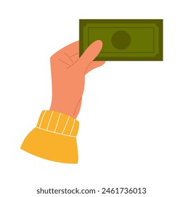 Hand holds paper green banknote. Paper dollar money in hand. Cash currency
