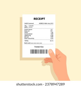 Hand holds paper receipt. Bill icon of payment. Expense balance of shopping. Man's hand holding medical or restaurant check. vector illustration