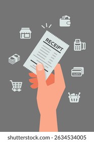 Hand holds paper receipt. Bill icon of payment. Expense balance of shopping. Man's hand holding medical or restaurant check. vector illustration.. stock illustration
