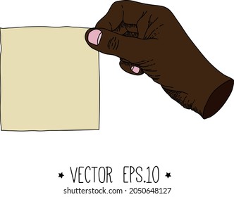 hand holds paper sticker note, handwritten illustration in vintage style, black. dark skin