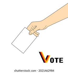 Hand holds paper vote bulletin. Quote "Vote" with the German flag. silhouette isolated on white background. Bundestagwahl 2021. German national federal election. Vector outline illustration.