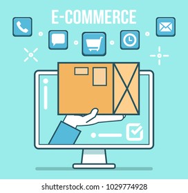 Hand holds parcel box and comes out of screen. E-commerce, online shopping, web business concept. Simple style vector illustration