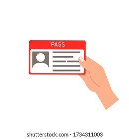 The hand holds a pass in the form of a plastic or laminated card. Vector illustration, flat cartoon design, eps 10.