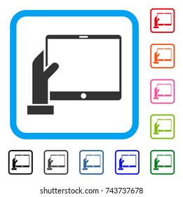 Hand Holds PDA icon. Flat grey iconic symbol in a blue rounded square. Black, gray, green, blue, red, orange color variants of Hand Holds PDA vector. Designed for web and software user interface.