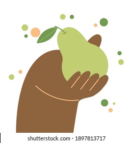 Die Hand hält eine Birne. Vektorgrafik über gesunde Lebensmittel