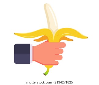a hand holds a peeled yellow ripe banana. flat vector illustration.