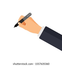 The hand holds a pen in a 3d style. Businessman signs document template. Space for text. Office supplies. Vector isolated on white background.