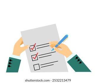 A hand holds a pen and a document. Checklist. Vector simple color flat illustration.