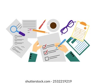 A hand holds a pen and a document. Office table, documents and work table. Checklist. Vector simple color flat illustration.