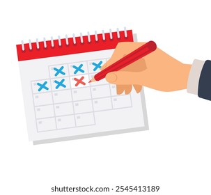 Hand holds a pen and draws a circle on calendar.  Deadline, mark dates, schedule, important dates, reminder time. Schedule of events on day, week, month and year. Time management stock illustration