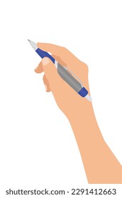 Hand holds pen isolated on white background. Hand with office stationery tool.   Design element. Vector illustration