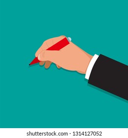 The hand holds a pen. A hand with an office subject in 3D style on the isolated green background. Vector illustration. Design element. 