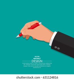 The hand holds a pen. A hand with an office subject in 3D style on the isolated green background. Vector illustration. Design element.