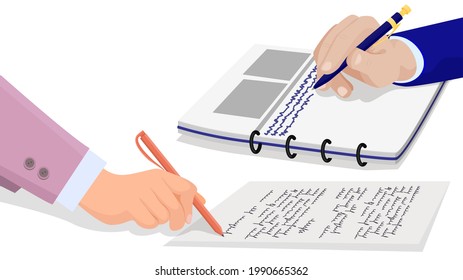 Hand Holds Pen And Writes Information In Notebook. Hand Of Person In Suit With Buttons And Shirt Signs Document, Makes Notes In Paper. Business Meeting On White Background. Fingers Are Holding Pen