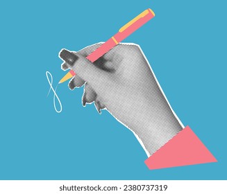 A hand holds a pen and writes. Trendy halftone vector collage