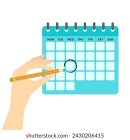 The hand holds a pencil and writes the date on the calendar