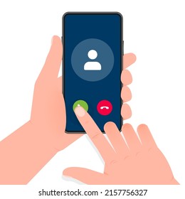 Hand Holds Phone With Call Incoming Video Call On Screen On Green Background. Vector Illustration.