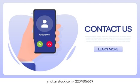 Hand holds phone with call Incoming video call on screen on white background. Vector illustration.