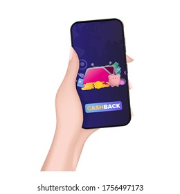 Hand holds phone with cashback app. Big wallet, credit card, gold coins, dollars. Concept of saving money, cashback or wealth. Vector.