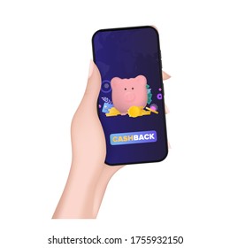 A hand holds a phone with a cashback application. Pink piggy bank in the form of a pig with gold coins. Piggy bank for money, credit card, dollars, gold coins. Vector.