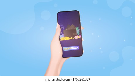 Hand holds phone with cashback. Brown wallet with credit cards and gold coins. The concept of savings and accumulation of money. Good for presentations and articles on a business topic.