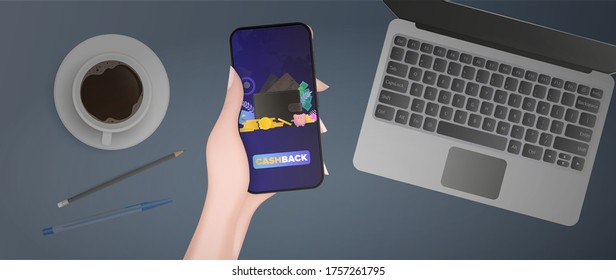 Hand holds phone with cashback. Brown wallet with credit cards and gold coins. The concept of savings and accumulation of money. Good for presentations and articles on a business topic.