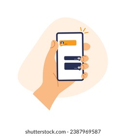 Mano mantiene el teléfono con los cuadros de diálogo de los bots de chat en una pantalla. Discutiendo entre robots y humanos en la pantalla de un smartphone. Burbujas de mensajería. Ilustración vectorial en un estilo plano de moda.