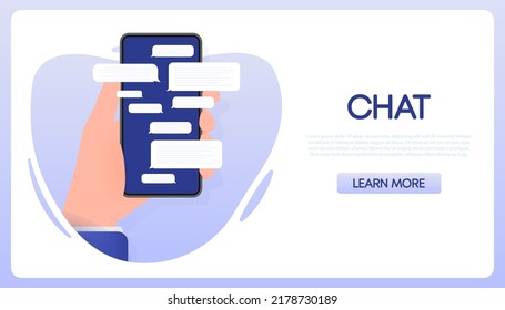 Hand holds phone with chat message on blue background. Vector illustration.