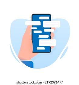 Hand holds phone with chat message on blue background. Vector illustration.
