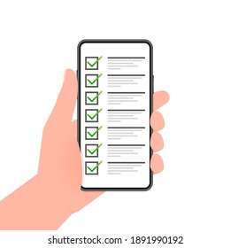 Hand holds phone with check list on screen on green background. Vector illustration.